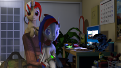 Size: 2920x1642 | Tagged: safe, artist:morozovbrony, derpibooru import, spitfire, oc, oc:morozov, oc:skyling, oc:vitariel, bat pony, pegasus, unicorn, 3d, bag, brdm, calendar, canon, clock, computer, ed-209, first aid kit, food, headphones, juice, lada vesta, lightning mcqueen, pain pills, painting, pipbuck, pizza, plant, source filmmaker, spycrab, tabletop, watch, youtube