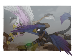 Size: 3000x2300 | Tagged: safe, artist:molars, derpibooru import, oc, oc:javelin, oc:steel quartz, griffon, fallout equestria, armor, background, commission, flying, griffon oc, pipbuck, scar, wasteland