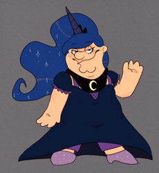 Size: 1841x2000 | Tagged: safe, artist:highrolleryt, derpibooru import, princess luna, human, clothes, cursed, dress, family guy, featured image, female, gray background, horn, horned humanization, humanized, peter griffin, simple background, solo, waving