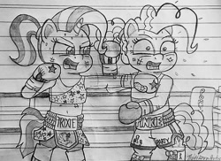 Size: 1280x933 | Tagged: safe, artist:ct1443ae, derpibooru import, pinkie pie, trixie, earth pony, semi-anthro, unicorn, boxing, boxing gloves, boxing ring, duo, gritted teeth, lined paper, mouth guard, open mouth, pencil drawing, punch, sports, teeth, traditional art