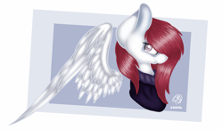 Size: 1280x750 | Tagged: safe, artist:prettyshinegp, derpibooru import, oc, oc only, pegasus, pony, abstract background, bust, female, floating wings, mare, pegasus oc, signature, solo, wings