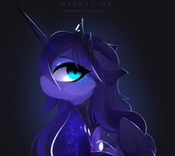 Size: 3089x2761 | Tagged: safe, artist:magnaluna, derpibooru import, princess luna, alicorn, pony, clothes, crown, female, jewelry, looking at you, looking sideways, mare, profile, regalia, side view, simple background, solo