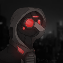 Size: 2300x2300 | Tagged: safe, artist:molars, derpibooru import, pegasus, pony, armor, cyber, cyberpunk, gift art, hood, red and black, solo