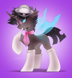 Size: 1920x2079 | Tagged: safe, alternate version, artist:zlatavector, derpibooru import, oc, oc:rosie clockwork, changeling, changeling oc, clothes, commission, glasses, hat, male, scarf, socks, solo, stallion