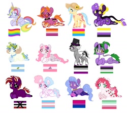 Size: 1500x1337 | Tagged: safe, artist:adopdee, artist:vernorexia, derpibooru import, oc, alicorn, demon, demon pony, earth pony, goat, kirin, pegasus, pony, unicorn, adoptable, adoptable open, afro, agender, apothisexual, asexual, asexual pride flag, base used, bisexual, bisexual pride flag, braid, chibi, choker, clothes, colored hooves, cracked horn, crown, ear piercing, earring, eyepatch, female, floral head wreath, floral print, flower, flower in hair, food, for sale, gay pride flag, genderless, glasses, goat pony, hat, horn, horns, jewelry, leg warmers, lesbian, lesbian pride flag, long hair, male, mare, multicolored hair, multiple horns, nonbinary, nonbinary pride flag, pansexual, pansexual pride flag, piercing, pride, pride flag, pride month, regalia, short hair, stallion, strawberry, sun hat, sunflower, top hat, transgender, transgender pride flag