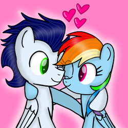 Size: 720x720 | Tagged: safe, artist:mlplary6, derpibooru import, rainbow dash, soarin', pegasus, pony, female, heart, looking at each other, looking at someone, male, mare, shipping, smiling, smiling at each other, soarindash, stallion, straight