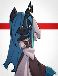Size: 522x680 | Tagged: safe, artist:haku nichiya, derpibooru import, queen chrysalis, anthro, changeling, changeling queen, clothes, dress, female, horn, solo, solo female, tail