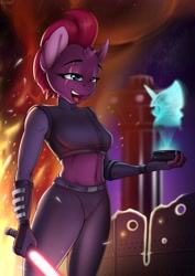 Size: 2480x3508 | Tagged: safe, artist:felixf, derpibooru import, tempest shadow, anthro, pony, unicorn, commission, female, fire, hologram, lightsaber, midriff, sith, star wars, sword, weapon, ych result