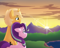 Size: 2560x2048 | Tagged: safe, artist:whitequartztheartist, derpibooru import, starlight glimmer, oc, oc:sunlight bolt, pony, unicorn, canon x oc, commission, female, lens flare, male, mare, mountain, stallion, sunset