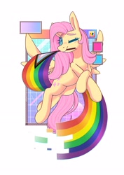 Size: 2480x3508 | Tagged: safe, artist:musicfirewind, derpibooru import, fluttershy, pegasus, pony, female, flag, mare, mouth hold, pride, pride flag, solo