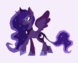 Size: 640x514 | Tagged: safe, artist:yumochiix, derpibooru import, princess luna, alicorn, female, hoof shoes, jewelry, leonine tail, mare, raised hoof, raised leg, regalia, simple background, solo, spread wings, tail, wings