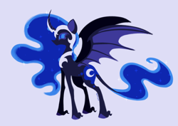 Size: 640x453 | Tagged: safe, artist:yumochiix, derpibooru import, nightmare moon, alternate design, bat wings, curved horn, female, helmet, horn, jewelry, mare, regalia, simple background, slit eyes, solo, wings