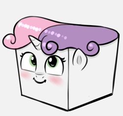 Size: 1551x1458 | Tagged: safe, artist:heretichesh, derpibooru import, sweetie belle, blushing, colored, cube, looking at you, looking up, looking up at you, simple background, smiling