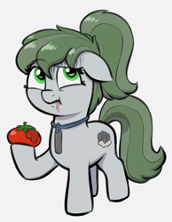 Size: 1900x2452 | Tagged: safe, artist:heretichesh, derpibooru import, oc, oc only, oc:pitchblende, earth pony, pony, :t, colored, ears, earth pony oc, eating, female, filly, floppy ears, foal, food, full body, gray background, high res, hoof hold, hooves, jewelry, pendant, raised eyebrow, simple background, solo, standing, tomato