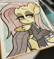 Size: 1861x2047 | Tagged: safe, artist:oc_ponys, derpibooru import, fluttershy, pegasus, pony, clothes, female, fluttergoth, goth, irl, mare, photo, solo, traditional art, wings