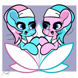 Size: 2048x2048 | Tagged: safe, artist:oc_ponys, derpibooru import, aloe, lotus blossom, earth pony, pony, commission, duo, female, japanese, looking at each other, looking at someone, mare, siblings, simple background, spa twins, watermark, white background