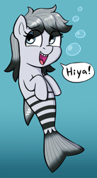 Size: 1280x2328 | Tagged: safe, artist:heretichesh, derpibooru import, oc, oc:lil knifejaw, hybrid, merpony, original species, shark, shark pony, bubble, colored, dialogue box, female, filly, fish tail, foal, looking at you, ocean, simple background, smiling, solo, tail, underwater, water