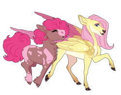 Size: 1900x1500 | Tagged: safe, artist:uunicornicc, derpibooru import, fluttershy, pinkie pie, deer, deer pony, original species, pony, alternate design, simple background, species swap, transparent background