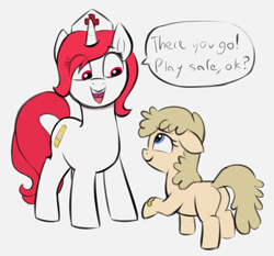 Size: 1896x1768 | Tagged: safe, artist:heretichesh, derpibooru import, oc, oc:iridescence, unicorn, bandaid, colored, cute, dialogue box, female, filly, foal, hat, mare, nurse, nurse hat, simple background, smiling, wholesome