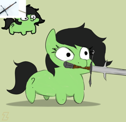 Size: 830x802 | Tagged: safe, artist:zebra, derpibooru import, oc, oc only, oc:anon filly, earth pony, pony, claymore, earth pony oc, female, filly, foal, mouth hold, signature, simple background, solo, squatpony, sword, weapon