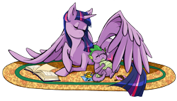 Size: 2835x1612 | Tagged: safe, artist:obliviusmoon, derpibooru import, spike, twilight sparkle, twilight sparkle (alicorn), alicorn, dragon, pony, 2014, book, chocolate chip cookies, cookie, cup, eyes closed, female, food, male, mare, rug, simple background, stuffed, teacup, that pony sure does love books, transparent background