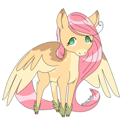 Size: 1024x1024 | Tagged: safe, artist:jell-ofish101, derpibooru import, part of a set, fluttershy, pegasus, pony, aside glance, chest fluff, coat markings, colored eartips, colored hooves, colored wings, dappled, facial markings, female, looking at you, mare, multicolored wings, no pupils, pale belly, redesign, simple background, snip (coat marking), solo, spread wings, standing, stray strand, three quarter view, transparent background, unshorn fetlocks, wings