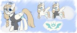 Size: 2500x1080 | Tagged: safe, artist:metaruscarlet, derpibooru import, oc, oc only, oc:sunny harmony, angel, angel pony, original species, pegasus, pony, chest fluff, clothes, cross, cute, cutie mark, female, halo, jewelry, mare, necklace, reference sheet, sweater