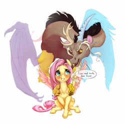 Size: 1600x1600 | Tagged: safe, artist:gor1ck, derpibooru import, discord, fluttershy, draconequus, pegasus, pony, blushing, duo, duo male and female, embarrassed, fangs, female, grin, male, mare, nervous, nervous grin, open mouth, simple background, sitting, smiling, speech bubble, spread wings, telepathy, white background, wings
