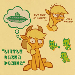 Size: 2000x2000 | Tagged: safe, artist:horsewizardart, derpibooru import, applejack, alien, alien pony, earth pony, pony, bags under eyes, female, flying saucer, mare, paranoid, simple background, solo, thought bubble, yellow background