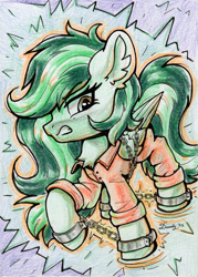 Size: 1471x2052 | Tagged: safe, artist:dandy, derpibooru import, oc, oc only, oc:eden shallowleaf, pegasus, pony, chained, chains, chest fluff, clothes, colored pencil drawing, commission, cuffs, ear fluff, ears, female, frustrated, pegasus oc, prison outfit, solo, traditional art, wings