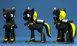 Size: 2500x1500 | Tagged: safe, artist:argos90, derpibooru import, oc, oc:shadow whip, pegasus, pony, 3d, 3d model, commission, dive mask, flippers (gear), goggles, male, pegasus oc, reference sheet, scuba gear, stallion, ych result