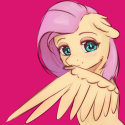 Size: 774x774 | Tagged: safe, artist:aterhut, derpibooru import, fluttershy, pegasus, pony, cheek fluff, cute, ears, female, floppy ears, hiding behind wing, looking at you, mare, red background, shyabetes, simple background, smiling, smiling at you, solo, wings