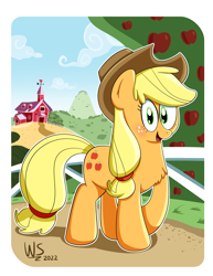 Size: 2550x3300 | Tagged: safe, artist:wilsonswondertoons, derpibooru import, applejack, earth pony, pony, chest fluff, female, looking at you, mare, smiling, smiling at you, solo, sweet apple acres