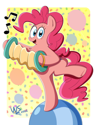 Size: 2550x3300 | Tagged: safe, artist:wilsonswondertoons, derpibooru import, pinkie pie, earth pony, pony, accordion, balloon, bipedal, confetti, female, looking at you, mare, music notes, musical instrument, open mouth, open smile, smiling, smiling at you, solo, standing, standing on one leg
