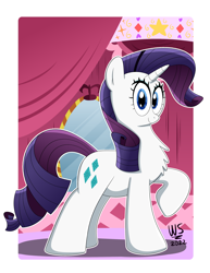 Size: 2550x3300 | Tagged: safe, artist:wilsonswondertoons, derpibooru import, rarity, pony, unicorn, carousel boutique, chest fluff, female, looking at you, mare, raised hoof, raised leg, smiling, smiling at you, solo