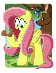 Size: 2550x3300 | Tagged: safe, artist:wilsonswondertoons, derpibooru import, fluttershy, bird, blue jay, deer, pegasus, pony, squirrel, chest fluff, female, looking at something, mare, solo, tree