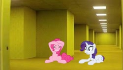 Size: 744x422 | Tagged: safe, artist:benpictures1, pinkie pie, rarity, earth pony, pony, unicorn, carpet, cute, diapinkes, duo, duo female, female, hallway, irl, lights, mare, outlet, photo, ponies in real life, raribetes, the backrooms
