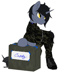 Size: 1300x1590 | Tagged: safe, artist:syntiset, oc, oc only, oc:syntiset, pony, unicorn, ponybooru collab 2022, ankle boots, belt, bipedal, bipedal leaning, boots, box, camouflage, clothes, crate, eye clipping through hair, helmet, horn, leaning, looking at each other, looking at someone, male, military, military uniform, pants, pony oc, shoes, simple background, solo, spread legs, spreading, spreading legs, stallion, transparent background, unicorn oc, uniform