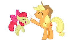 Size: 3278x1830 | Tagged: safe, artist:totalcrazyness101, derpibooru import, apple bloom, applejack, earth pony, pony, apple bloom's bow, applejack's hat, bow, clothes, cowboy hat, duo, eyes closed, female, filly, foal, hair bow, hat, hoofbump, mare, siblings, simple background, sisters, transparent background, vector