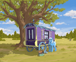 Size: 2376x1938 | Tagged: safe, artist:eriada, derpibooru import, trixie, zecora, pony, unicorn, zebra, cutie mark, horn, magic, paintbrush, tail, telekinesis, tree, trixie's wagon, wagon, wheel