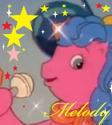 Size: 335x374 | Tagged: safe, derpibooru import, edit, edited screencap, screencap, melody, battle of the bands (episode), g1, my little pony tales, bipedal, bow, clothes, hair bow, microphone, music notes, scarf, smiling, sparkles, stars, text