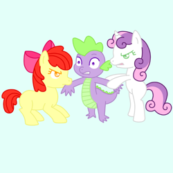 Size: 720x720 | Tagged: safe, artist:fluttergore, derpibooru import, edit, apple bloom, spike, sweetie belle, dragon, earth pony, pony, unicorn, angry, argument, bipedal, bow, colored pupils, female, filly, foal, frown, hair bow, heart, horn, love triangle, male, mare, shipping, shocked, spike gets all the mares, spikebelle, spikebloom, straight, tug of war