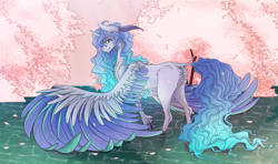 Size: 2048x1213 | Tagged: safe, artist:tri-edge, derpibooru import, oc, oc:prince plushy soft, alicorn, pony, butt, cherry blossoms, flower, flower blossom, plot, prince, soft, water, wings