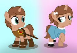 Size: 4320x2973 | Tagged: safe, artist:peternators, derpibooru import, oc, oc only, oc:heroic armour, pony, unicorn, boots, bracer, clothes, colt, dress, fake eyelashes, femboy, foal, hair ribbon, looking at each other, looking at someone, male, mary janes, ponytail, ribbon, self paradox, self ponidox, shoes, smiling, socks, sword, transgender, two sides, weapon