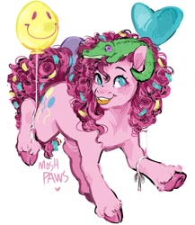Size: 1156x1329 | Tagged: safe, artist:moshpaws, derpibooru import, gummy, pinkie pie, alligator, earth pony, pony, balloon, cloven hooves, confetti, female, happy, male, mare, simple background, smiley face, smiling, tongue, tongue out, unshorn fetlocks, white background