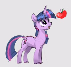 Size: 3543x3365 | Tagged: safe, artist:alumx, derpibooru import, twilight sparkle, unicorn twilight, pony, unicorn, apple, female, food, gray background, looking at something, looking up, mare, open mouth, open smile, simple background, smiling, solo