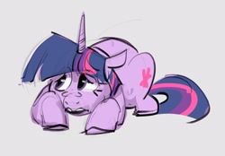 Size: 2942x2043 | Tagged: safe, artist:alumx, derpibooru import, twilight sparkle, unicorn twilight, pony, unicorn, female, frown, gray background, looking up, lying down, mare, prone, simple background, solo