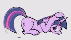 Size: 3367x1902 | Tagged: safe, artist:alumx, derpibooru import, twilight sparkle, unicorn twilight, pony, unicorn, covering head, ears, female, floppy ears, frown, gray background, hoof on head, lying down, mare, prone, simple background, solo