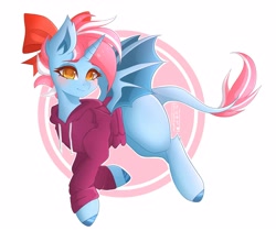 Size: 3655x3068 | Tagged: safe, artist:bizarre_pony, derpibooru import, oc, oc only, oc:sora kite, dracony, dragon, hybrid, pony, unicorn, bow, clothes, dragoness, female, simple background, solo, white background