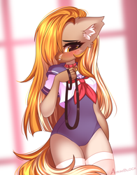 Size: 846x1080 | Tagged: safe, alternate version, artist:airiniblock, derpibooru import, oc, oc only, oc:amber, anthro, anthro oc, bell, bell collar, blushing, clothes, collar, ear fluff, ears, female, hair over one eye, leash, looking down, mare, rcf community, socks, solo, stockings, swimsuit, thigh highs